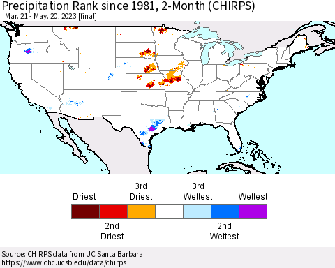 United States Precipitation Rank since 1981, 2-Month (CHIRPS) Thematic Map For 3/21/2023 - 5/20/2023