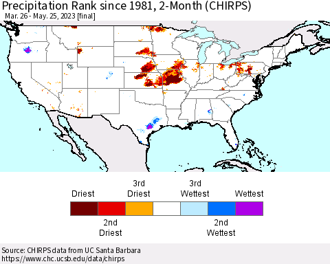 United States Precipitation Rank since 1981, 2-Month (CHIRPS) Thematic Map For 3/26/2023 - 5/25/2023