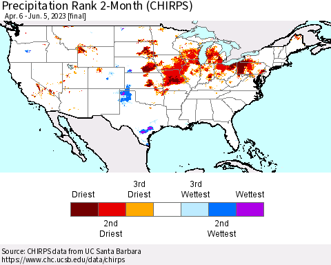 United States Precipitation Rank since 1981, 2-Month (CHIRPS) Thematic Map For 4/6/2023 - 6/5/2023
