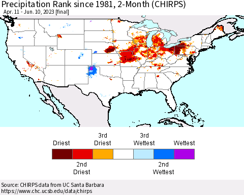 United States Precipitation Rank since 1981, 2-Month (CHIRPS) Thematic Map For 4/11/2023 - 6/10/2023