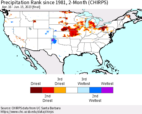 United States Precipitation Rank since 1981, 2-Month (CHIRPS) Thematic Map For 4/16/2023 - 6/15/2023