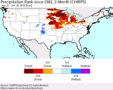 United States Precipitation Rank since 1981, 2-Month (CHIRPS) Thematic Map For 4/21/2023 - 6/20/2023
