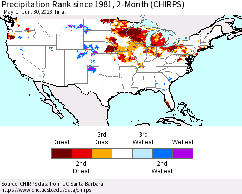 United States Precipitation Rank since 1981, 2-Month (CHIRPS) Thematic Map For 5/1/2023 - 6/30/2023