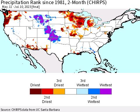 United States Precipitation Rank since 1981, 2-Month (CHIRPS) Thematic Map For 5/11/2023 - 7/10/2023