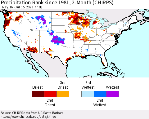 United States Precipitation Rank since 1981, 2-Month (CHIRPS) Thematic Map For 5/16/2023 - 7/15/2023