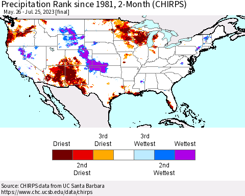 United States Precipitation Rank since 1981, 2-Month (CHIRPS) Thematic Map For 5/26/2023 - 7/25/2023