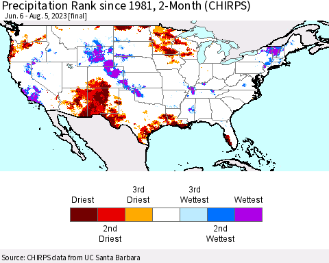 United States Precipitation Rank since 1981, 2-Month (CHIRPS) Thematic Map For 6/6/2023 - 8/5/2023