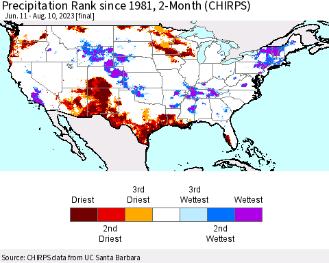 United States Precipitation Rank since 1981, 2-Month (CHIRPS) Thematic Map For 6/11/2023 - 8/10/2023