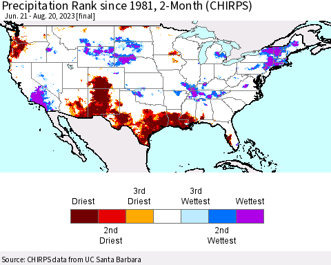 United States Precipitation Rank since 1981, 2-Month (CHIRPS) Thematic Map For 6/21/2023 - 8/20/2023