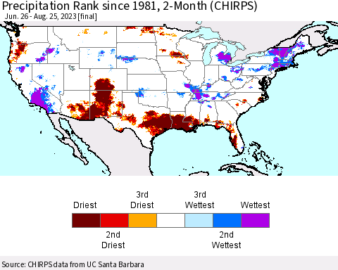 United States Precipitation Rank since 1981, 2-Month (CHIRPS) Thematic Map For 6/26/2023 - 8/25/2023