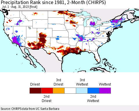 United States Precipitation Rank since 1981, 2-Month (CHIRPS) Thematic Map For 7/1/2023 - 8/31/2023