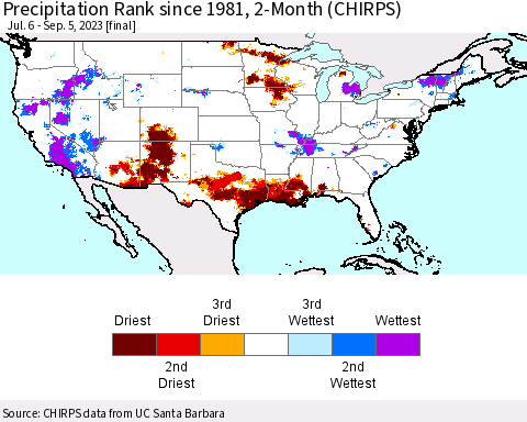 United States Precipitation Rank since 1981, 2-Month (CHIRPS) Thematic Map For 7/6/2023 - 9/5/2023