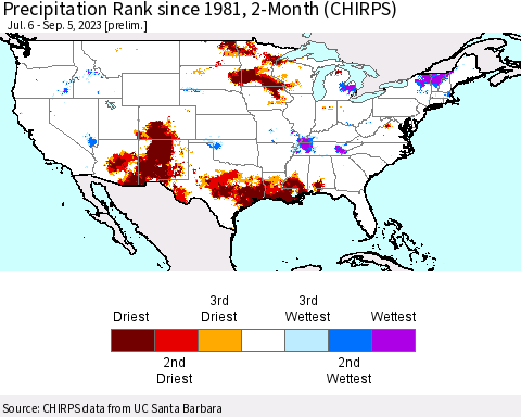United States Precipitation Rank since 1981, 2-Month (CHIRPS) Thematic Map For 7/6/2023 - 9/5/2023