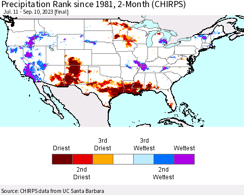 United States Precipitation Rank since 1981, 2-Month (CHIRPS) Thematic Map For 7/11/2023 - 9/10/2023
