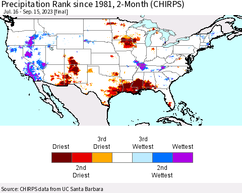 United States Precipitation Rank since 1981, 2-Month (CHIRPS) Thematic Map For 7/16/2023 - 9/15/2023