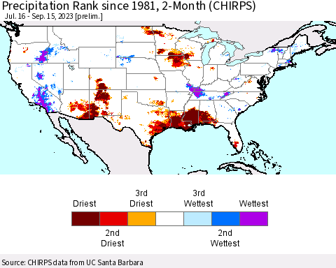 United States Precipitation Rank since 1981, 2-Month (CHIRPS) Thematic Map For 7/16/2023 - 9/15/2023
