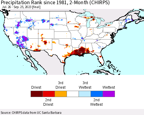 United States Precipitation Rank since 1981, 2-Month (CHIRPS) Thematic Map For 7/26/2023 - 9/25/2023