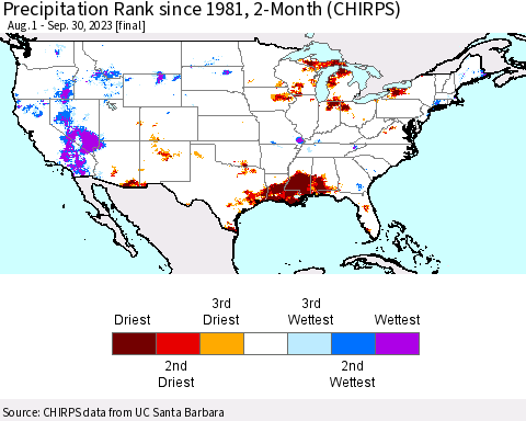United States Precipitation Rank since 1981, 2-Month (CHIRPS) Thematic Map For 8/1/2023 - 9/30/2023