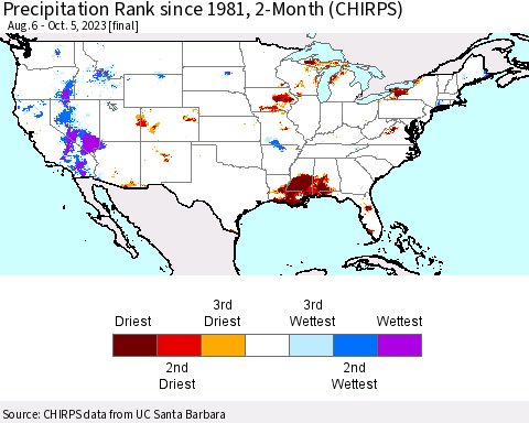 United States Precipitation Rank since 1981, 2-Month (CHIRPS) Thematic Map For 8/6/2023 - 10/5/2023