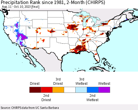 United States Precipitation Rank since 1981, 2-Month (CHIRPS) Thematic Map For 8/11/2023 - 10/10/2023
