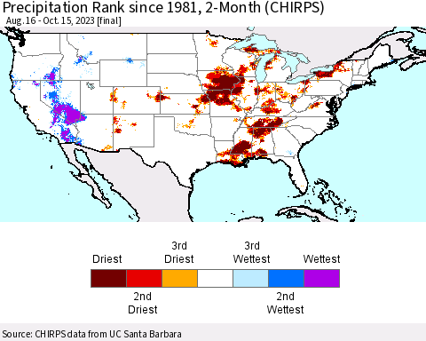 United States Precipitation Rank since 1981, 2-Month (CHIRPS) Thematic Map For 8/16/2023 - 10/15/2023