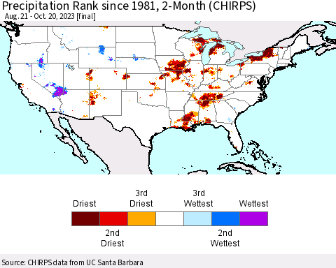 United States Precipitation Rank since 1981, 2-Month (CHIRPS) Thematic Map For 8/21/2023 - 10/20/2023