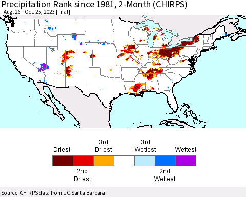 United States Precipitation Rank since 1981, 2-Month (CHIRPS) Thematic Map For 8/26/2023 - 10/25/2023