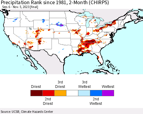 United States Precipitation Rank since 1981, 2-Month (CHIRPS) Thematic Map For 9/6/2023 - 11/5/2023