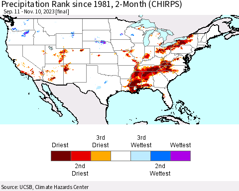 United States Precipitation Rank since 1981, 2-Month (CHIRPS) Thematic Map For 9/11/2023 - 11/10/2023