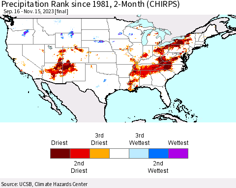 United States Precipitation Rank since 1981, 2-Month (CHIRPS) Thematic Map For 9/16/2023 - 11/15/2023