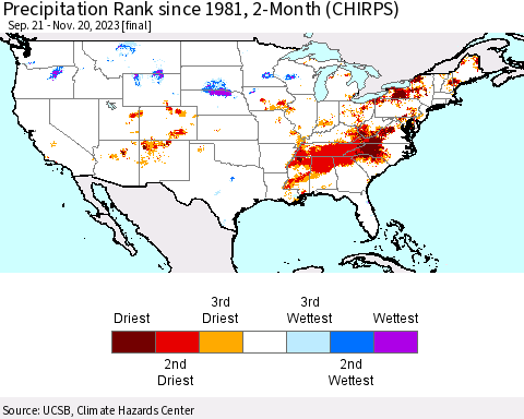 United States Precipitation Rank since 1981, 2-Month (CHIRPS) Thematic Map For 9/21/2023 - 11/20/2023