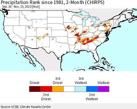 United States Precipitation Rank since 1981, 2-Month (CHIRPS) Thematic Map For 9/26/2023 - 11/25/2023