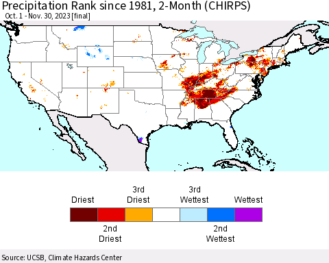United States Precipitation Rank since 1981, 2-Month (CHIRPS) Thematic Map For 10/1/2023 - 11/30/2023