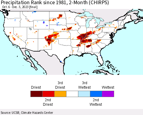 United States Precipitation Rank since 1981, 2-Month (CHIRPS) Thematic Map For 10/6/2023 - 12/5/2023
