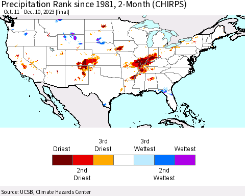 United States Precipitation Rank since 1981, 2-Month (CHIRPS) Thematic Map For 10/11/2023 - 12/10/2023