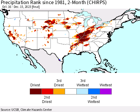 United States Precipitation Rank since 1981, 2-Month (CHIRPS) Thematic Map For 10/16/2023 - 12/15/2023