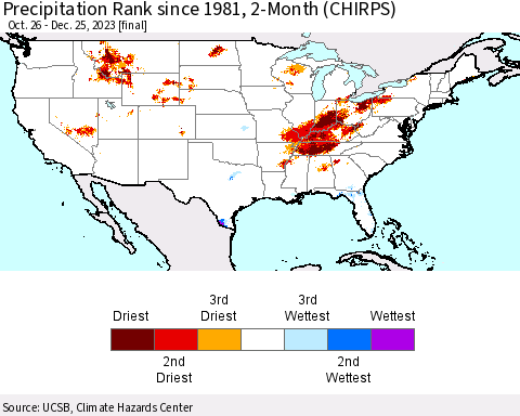 United States Precipitation Rank since 1981, 2-Month (CHIRPS) Thematic Map For 10/26/2023 - 12/25/2023