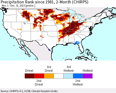 United States Precipitation Rank since 1981, 2-Month (CHIRPS) Thematic Map For 11/1/2023 - 12/31/2023