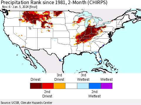 United States Precipitation Rank since 1981, 2-Month (CHIRPS) Thematic Map For 11/6/2023 - 1/5/2024