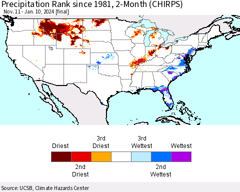 United States Precipitation Rank since 1981, 2-Month (CHIRPS) Thematic Map For 11/11/2023 - 1/10/2024