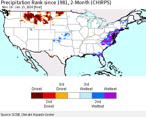 United States Precipitation Rank since 1981, 2-Month (CHIRPS) Thematic Map For 11/16/2023 - 1/15/2024