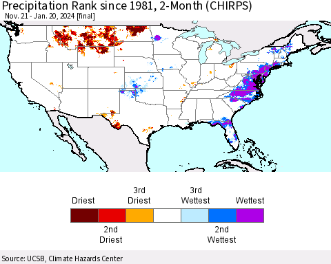 United States Precipitation Rank since 1981, 2-Month (CHIRPS) Thematic Map For 11/21/2023 - 1/20/2024