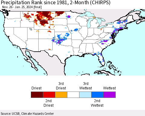 United States Precipitation Rank since 1981, 2-Month (CHIRPS) Thematic Map For 11/26/2023 - 1/25/2024