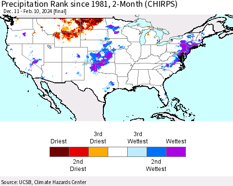 United States Precipitation Rank since 1981, 2-Month (CHIRPS) Thematic Map For 12/11/2023 - 2/10/2024