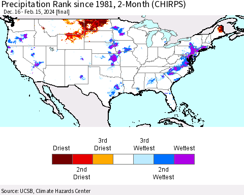 United States Precipitation Rank since 1981, 2-Month (CHIRPS) Thematic Map For 12/16/2023 - 2/15/2024