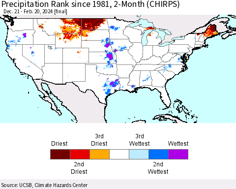 United States Precipitation Rank since 1981, 2-Month (CHIRPS) Thematic Map For 12/21/2023 - 2/20/2024