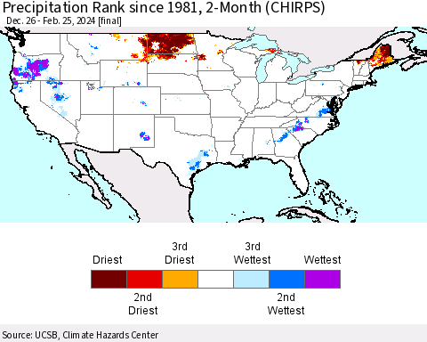 United States Precipitation Rank since 1981, 2-Month (CHIRPS) Thematic Map For 12/26/2023 - 2/25/2024