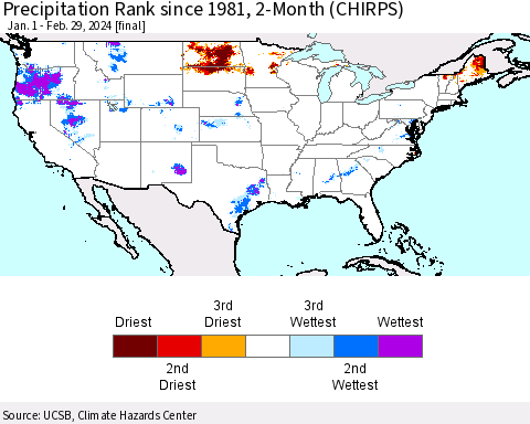 United States Precipitation Rank since 1981, 2-Month (CHIRPS) Thematic Map For 1/1/2024 - 2/29/2024