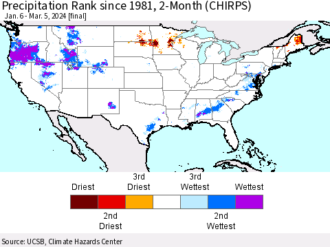 United States Precipitation Rank since 1981, 2-Month (CHIRPS) Thematic Map For 1/6/2024 - 3/5/2024