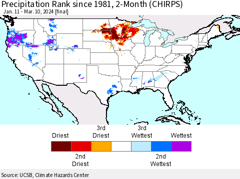 United States Precipitation Rank since 1981, 2-Month (CHIRPS) Thematic Map For 1/11/2024 - 3/10/2024